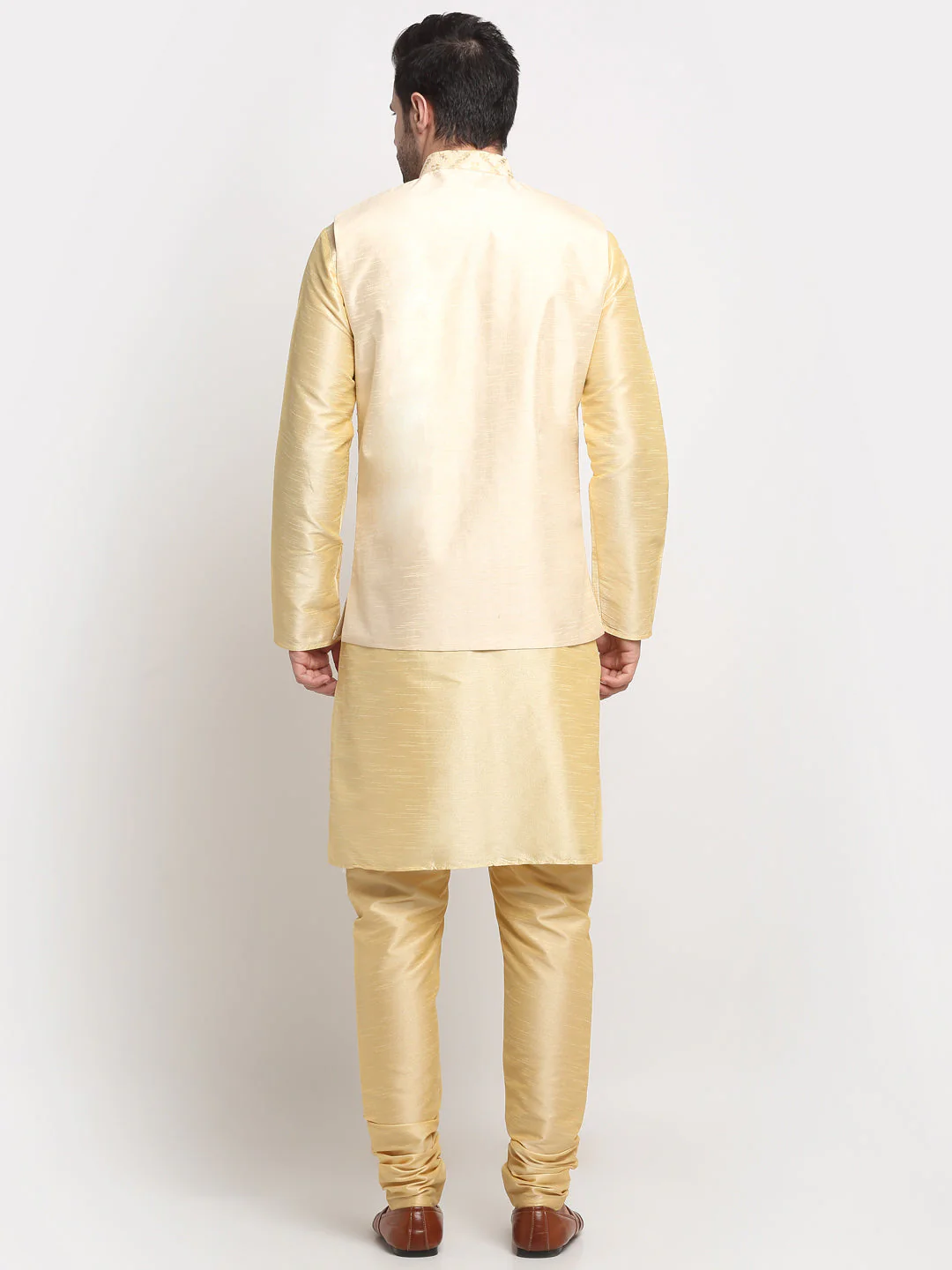 Men's Silk Beige Kurta Churidar With Embroidered Nehru Jacket Set - Image 2