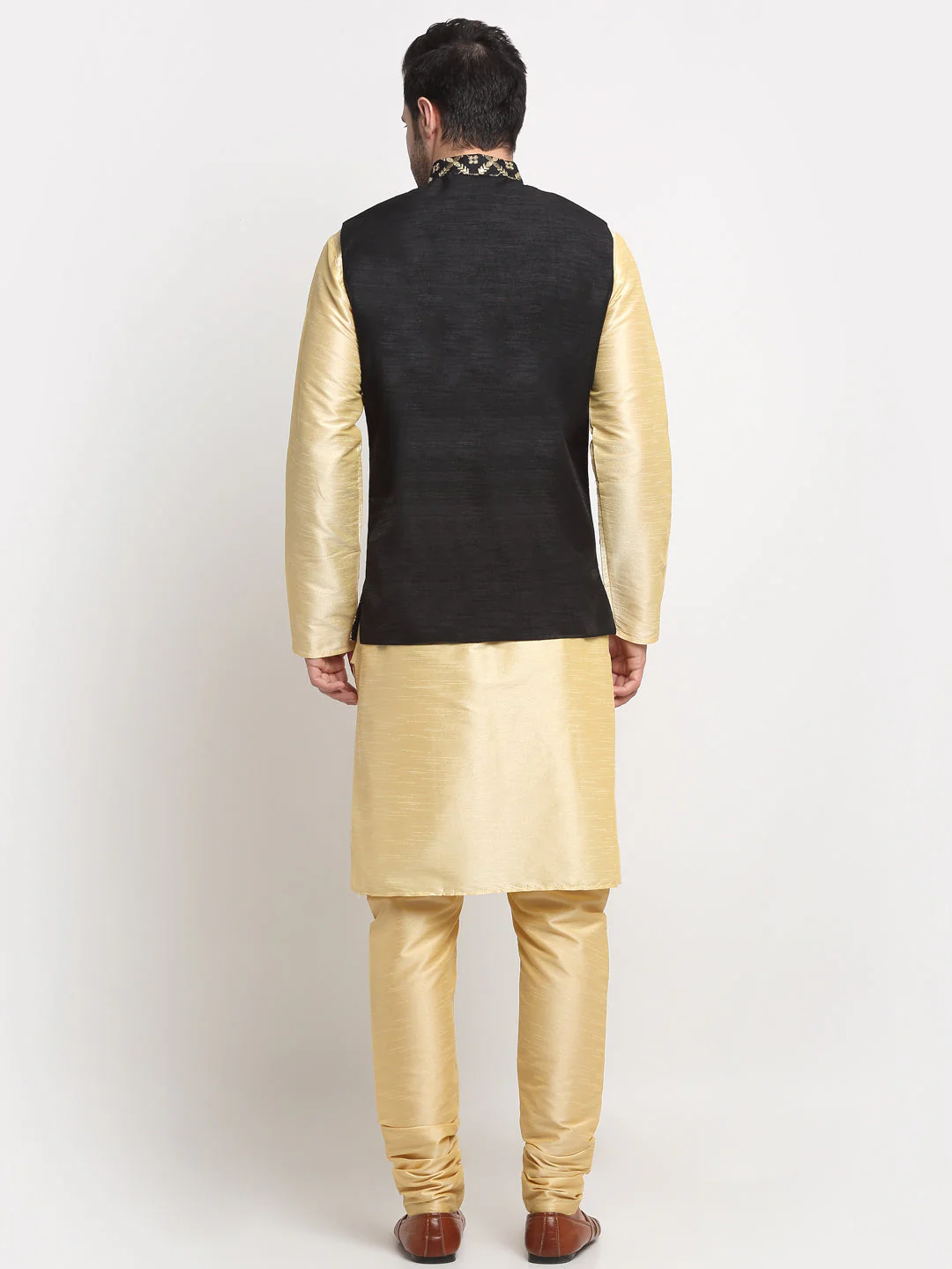 Men's Silk Beige Kurta Churidar With Embroidered Nehru Jacket Set - Image 22