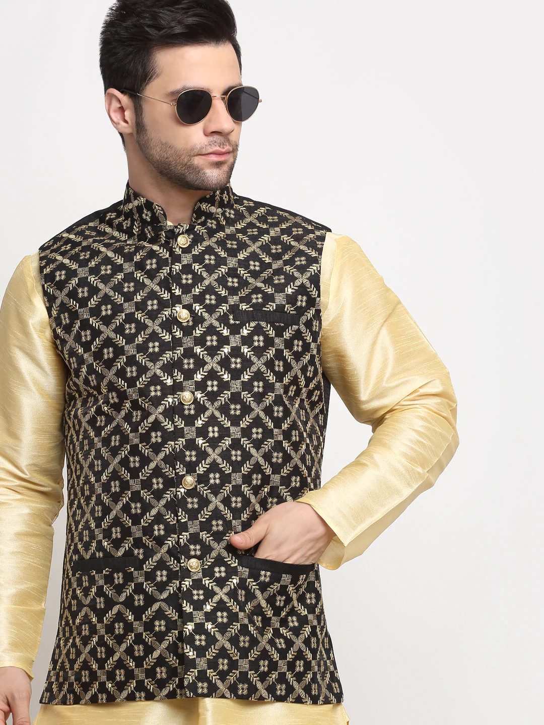 Men's Silk Beige Kurta Churidar With Embroidered Nehru Jacket Set - Image 23