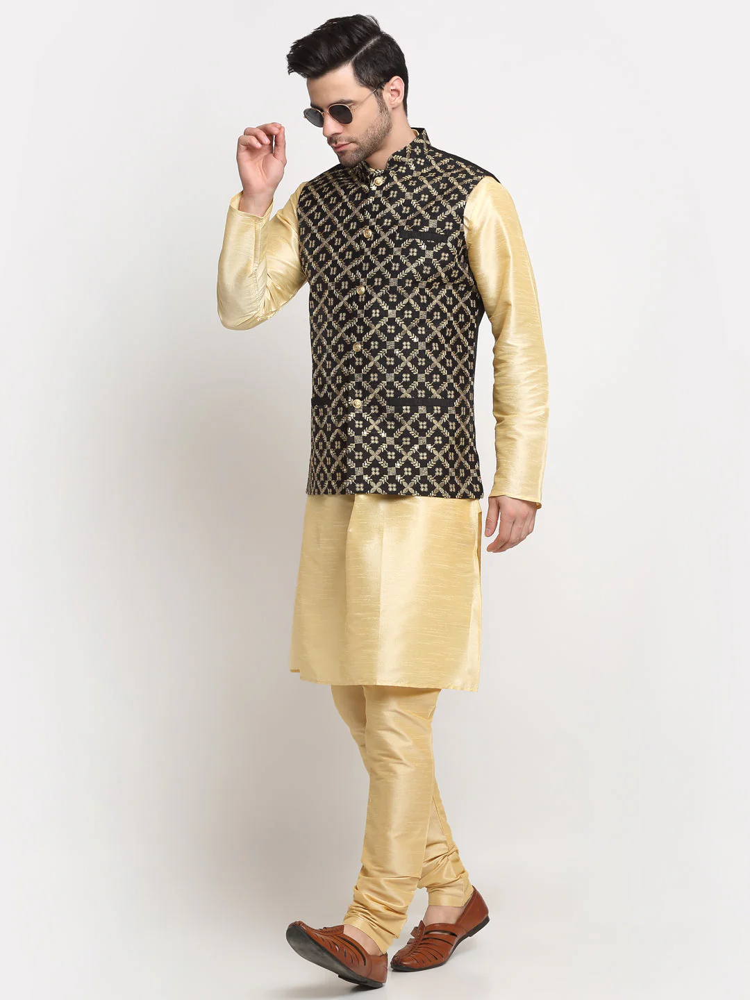 Men's Silk Beige Kurta Churidar With Embroidered Nehru Jacket Set - Image 25