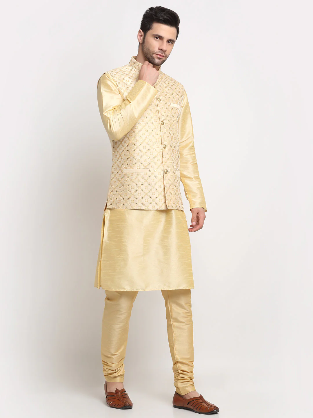 Men's Silk Beige Kurta Churidar With Embroidered Nehru Jacket Set - Image 3