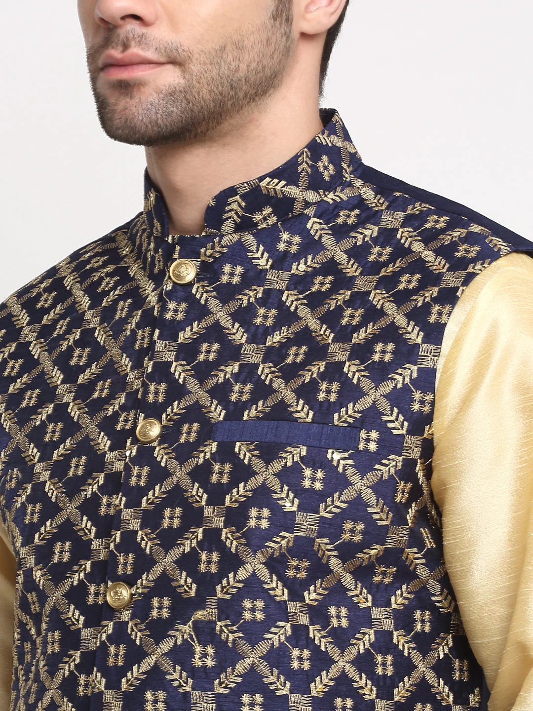 Men's Silk Beige Kurta Churidar With Embroidered Nehru Jacket Set - Image 31