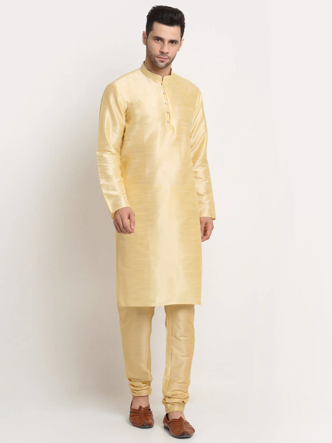 Men's Silk Beige Kurta Churidar With Embroidered Nehru Jacket Set - Image 34