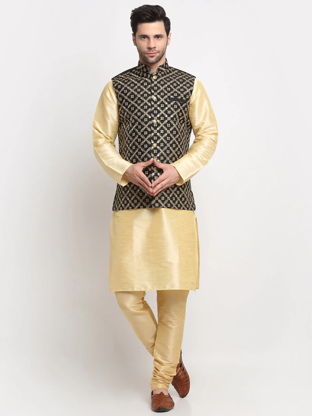Men's Silk Beige Kurta Churidar With Embroidered Nehru Jacket Set - Image 43