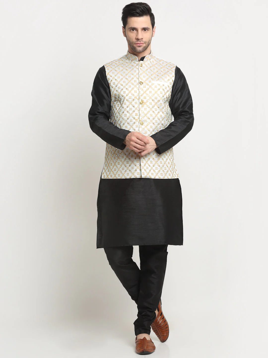 Men's Silk Black Kurta Churidar With Embroidered Nehru Jacket Set - Image 10