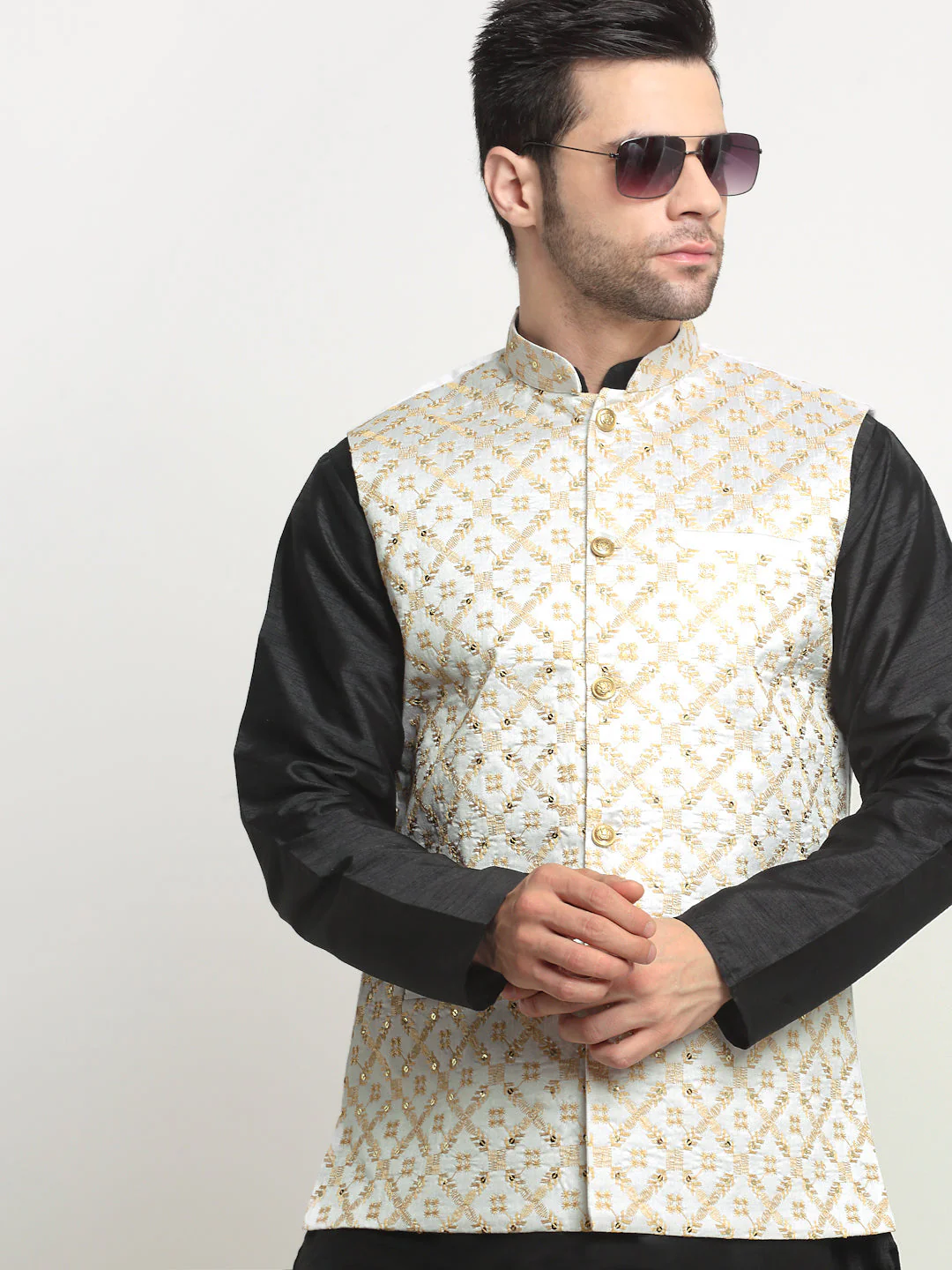 Men's Silk Black Kurta Churidar With Embroidered Nehru Jacket Set - Image 15
