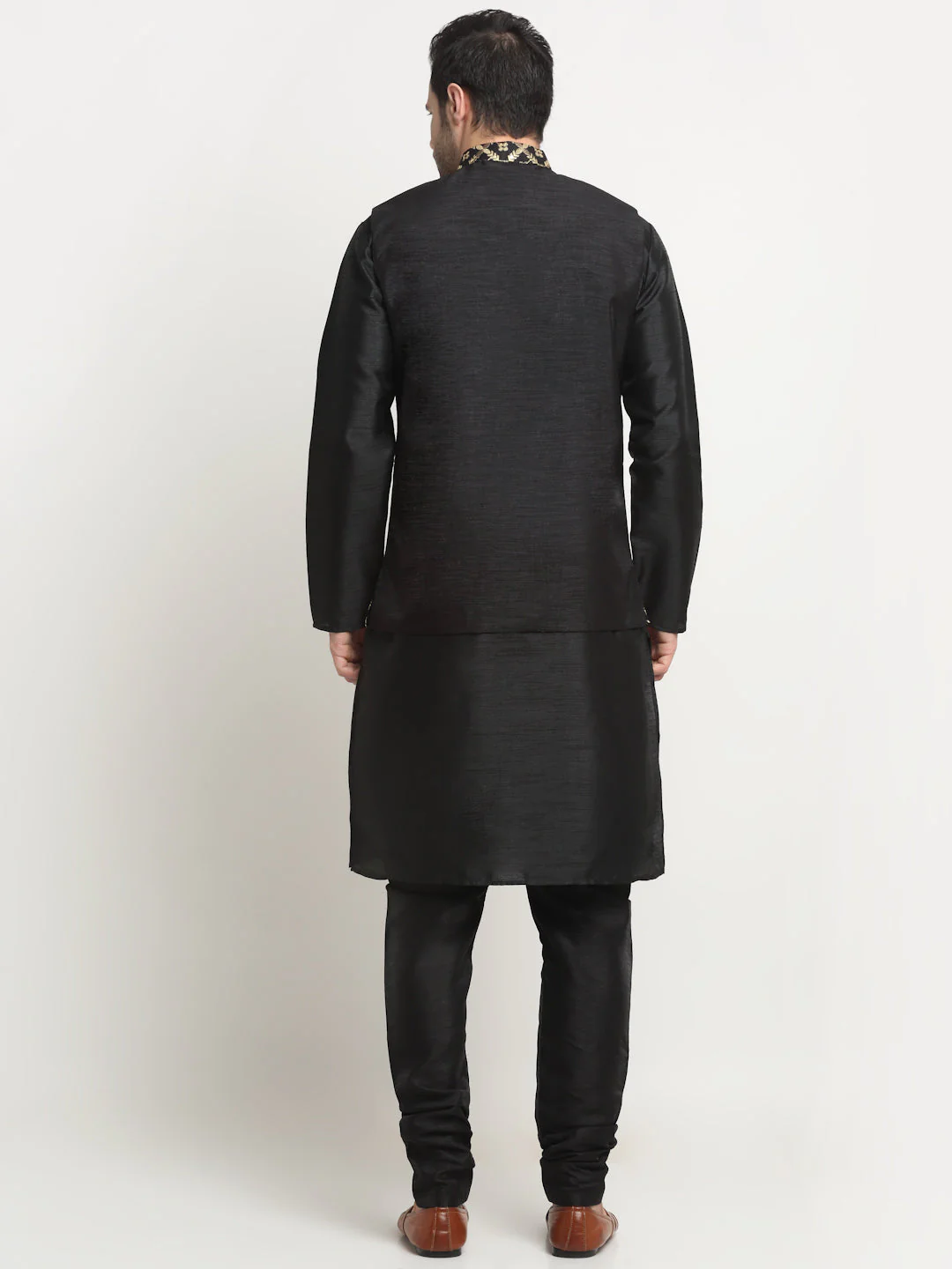 Men's Silk Black Kurta Churidar With Embroidered Nehru Jacket Set - Image 2
