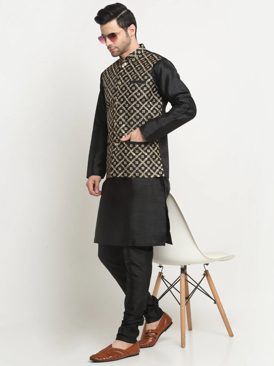 Men's Silk Black Kurta Churidar With Embroidered Nehru Jacket Set - Image 5
