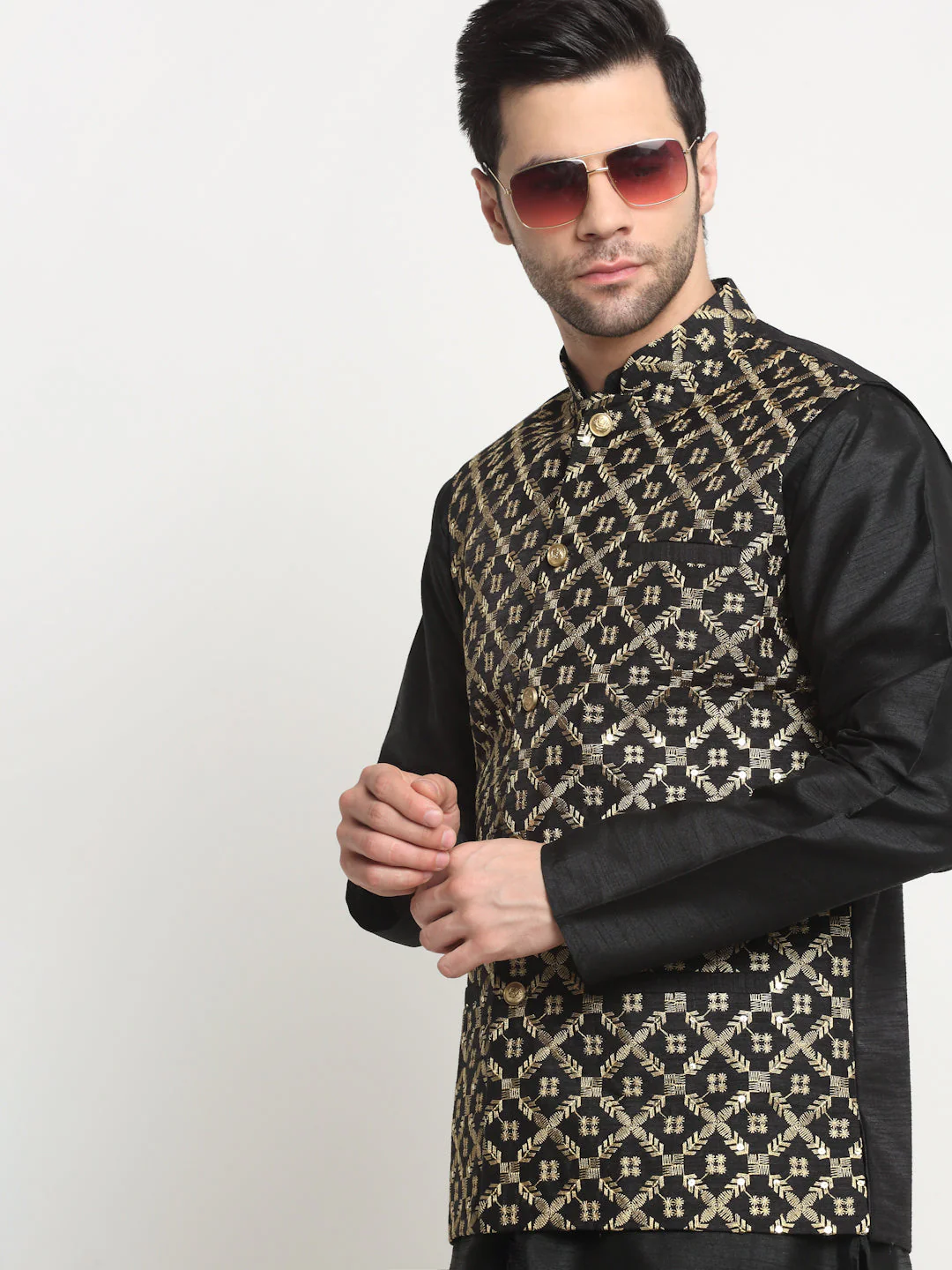 Men's Silk Black Kurta Churidar With Embroidered Nehru Jacket Set - Image 6