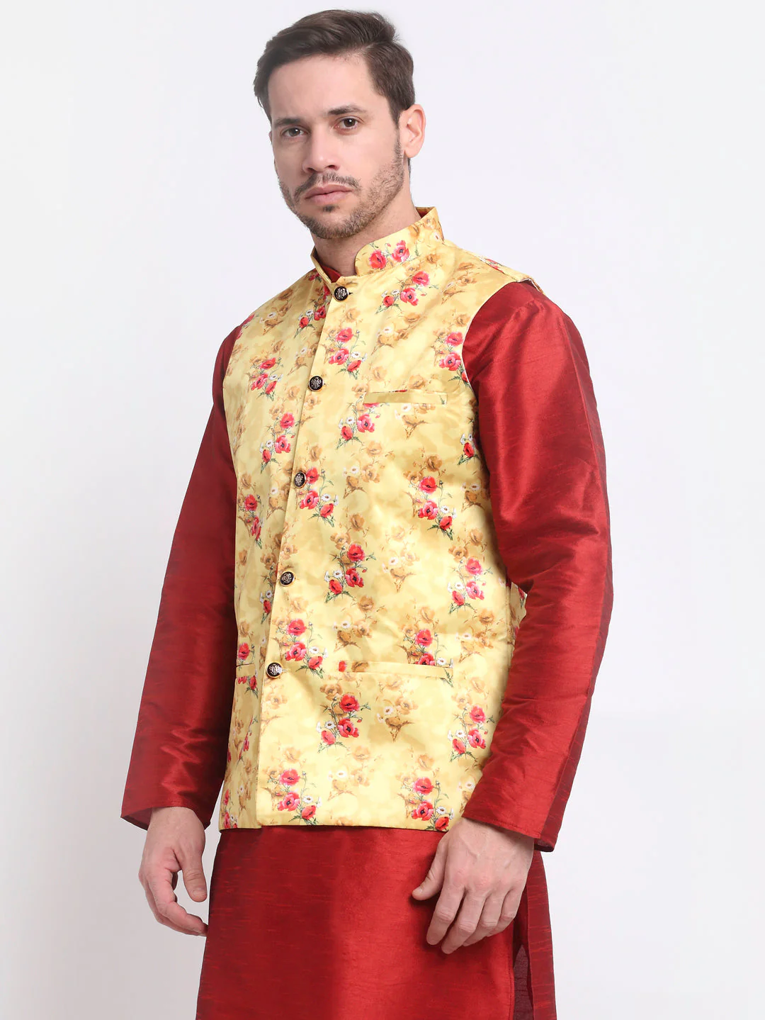 Men's Silk Blend Floral Printed Nehru Jacket Only - Image 3