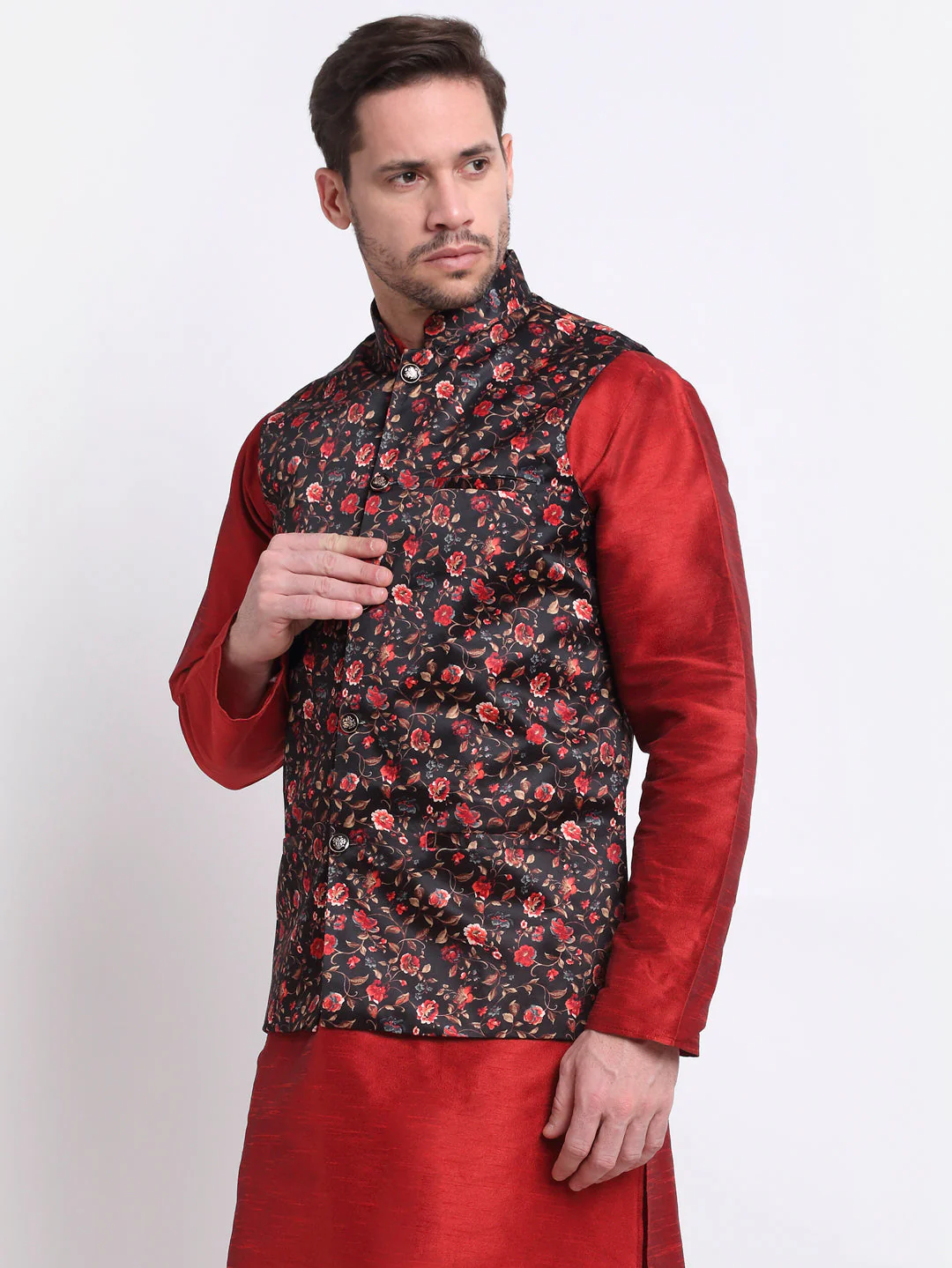 Men's Silk Blend Floral Printed Nehru Jacket Only - Image 34