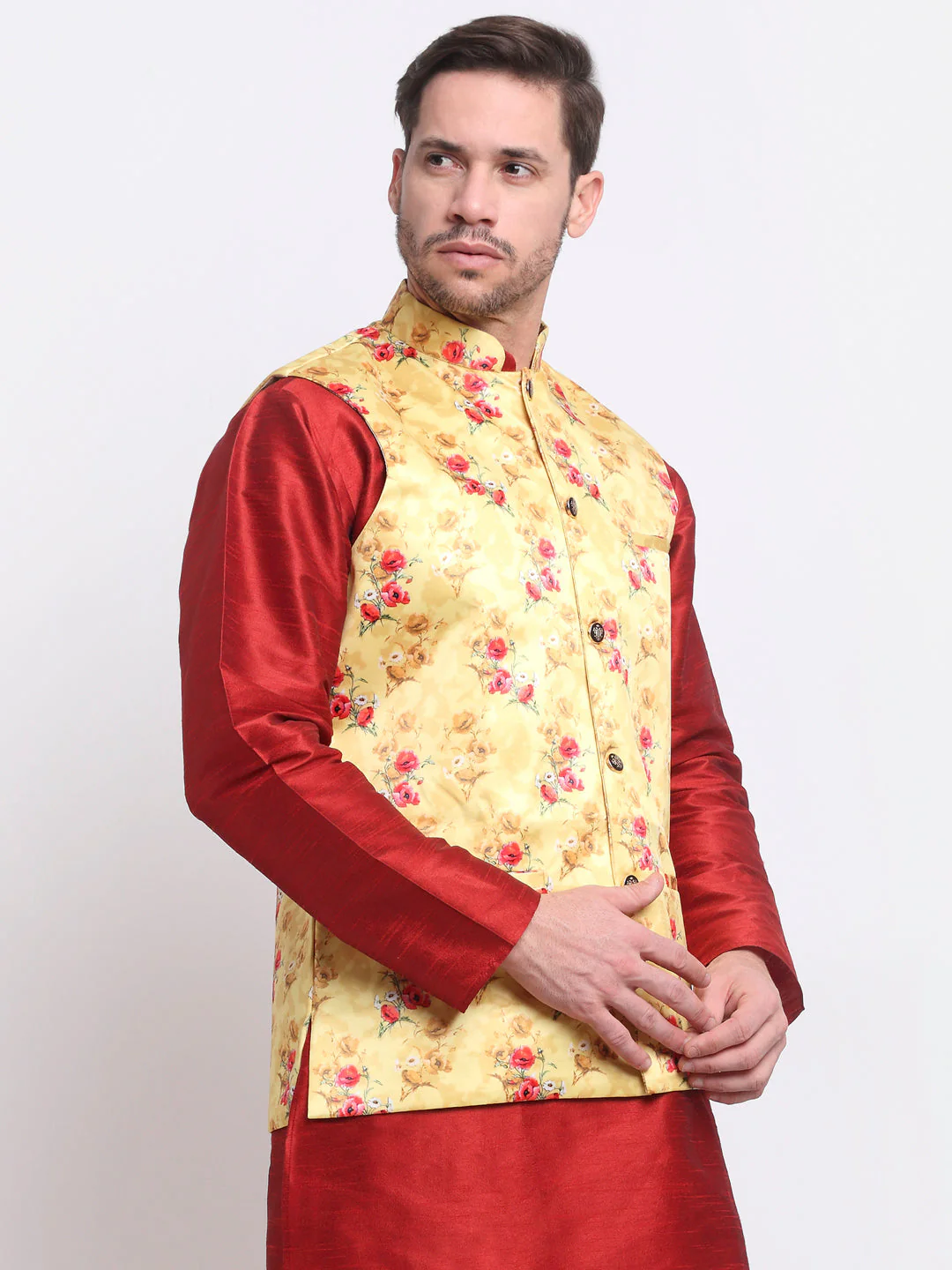 Men's Silk Blend Floral Printed Nehru Jacket Only - Image 55