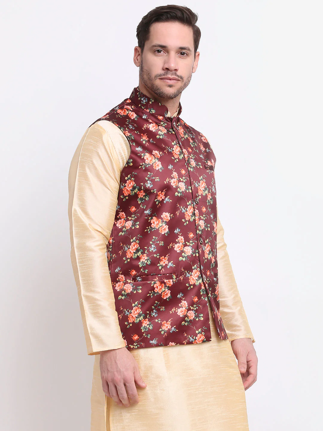 Men's Silk Blend Floral Printed Nehru Jacket Only - Image 66