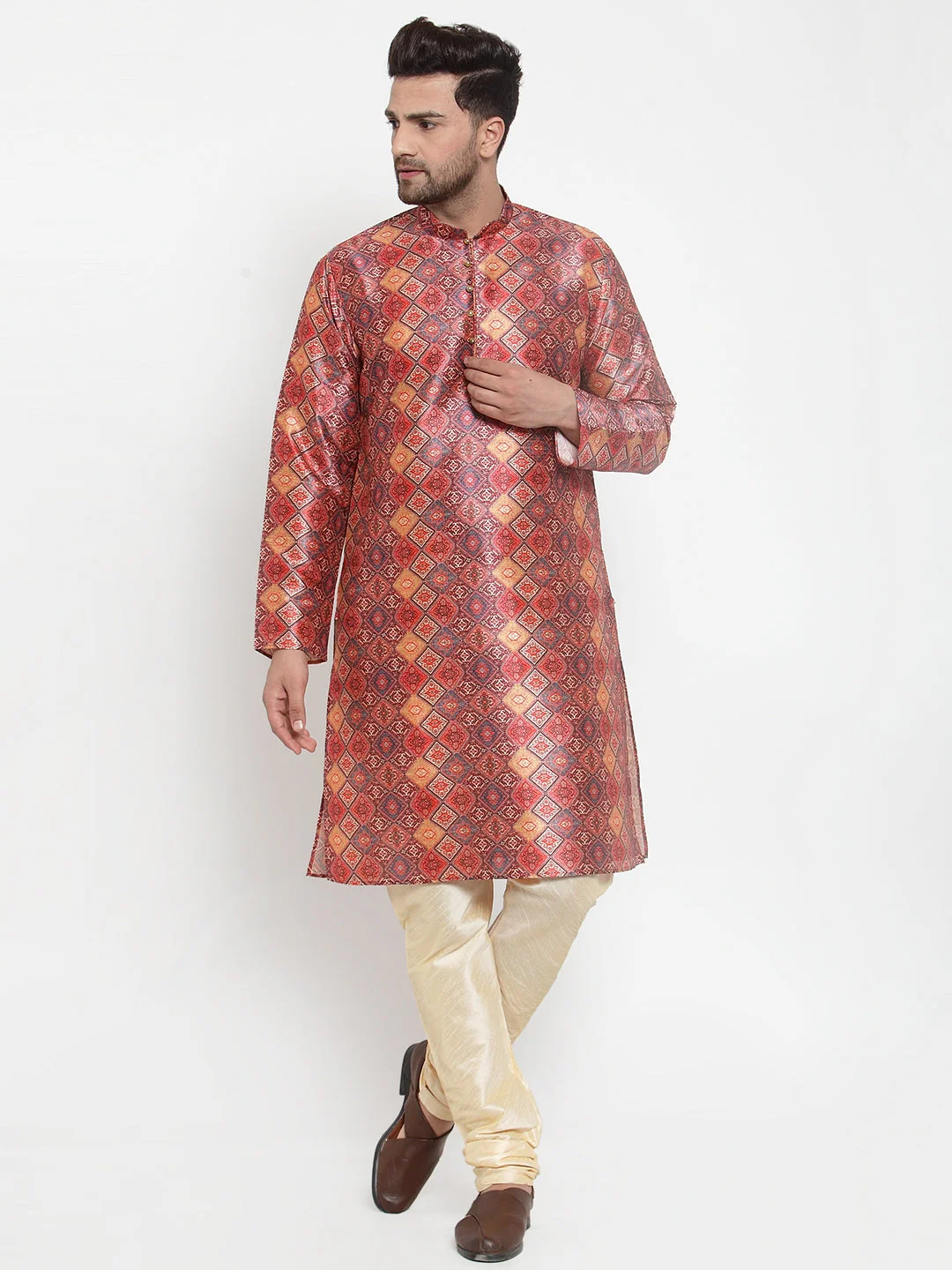 Men's Silk Blend Printed Kurta Churidar Set - Image 6