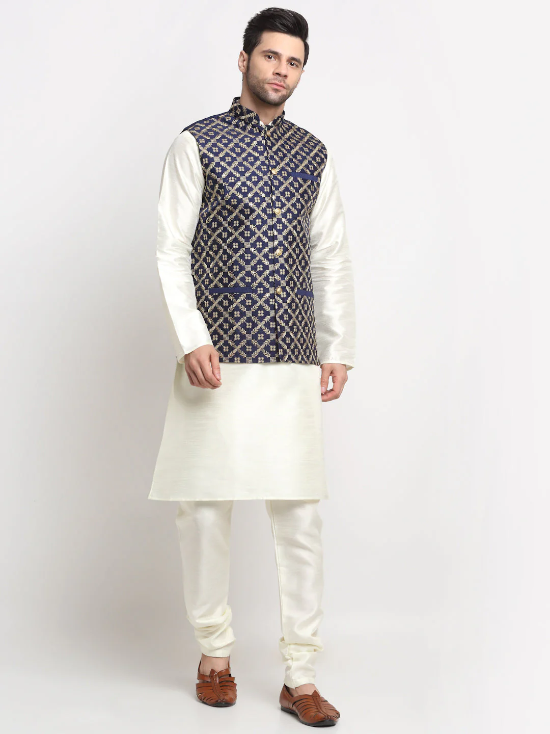 Men's Silk Cream Kurta Churidar With Embroidered Nehru Jacket Set - Image 123