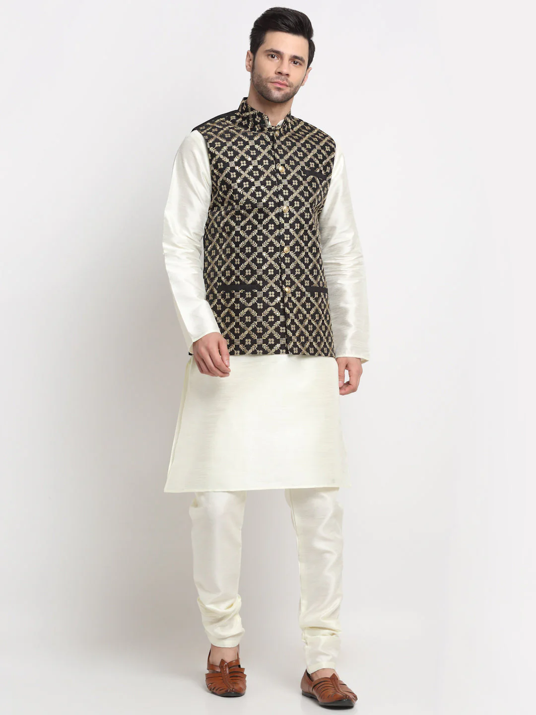 Men's Silk Cream Kurta Churidar With Embroidered Nehru Jacket Set - Image 231