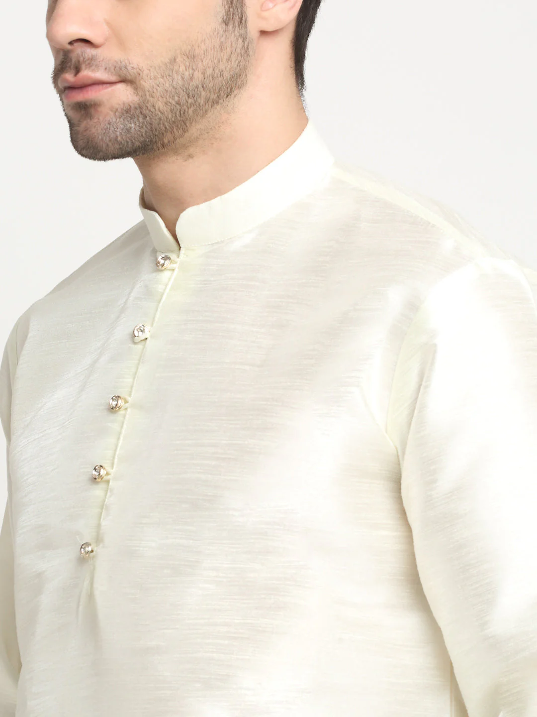 Men's Silk Cream Kurta Churidar With Embroidered Nehru Jacket Set - Image 26
