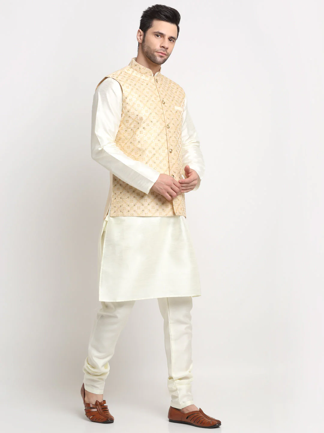 Men's Silk Cream Kurta Churidar With Embroidered Nehru Jacket Set - Image 3