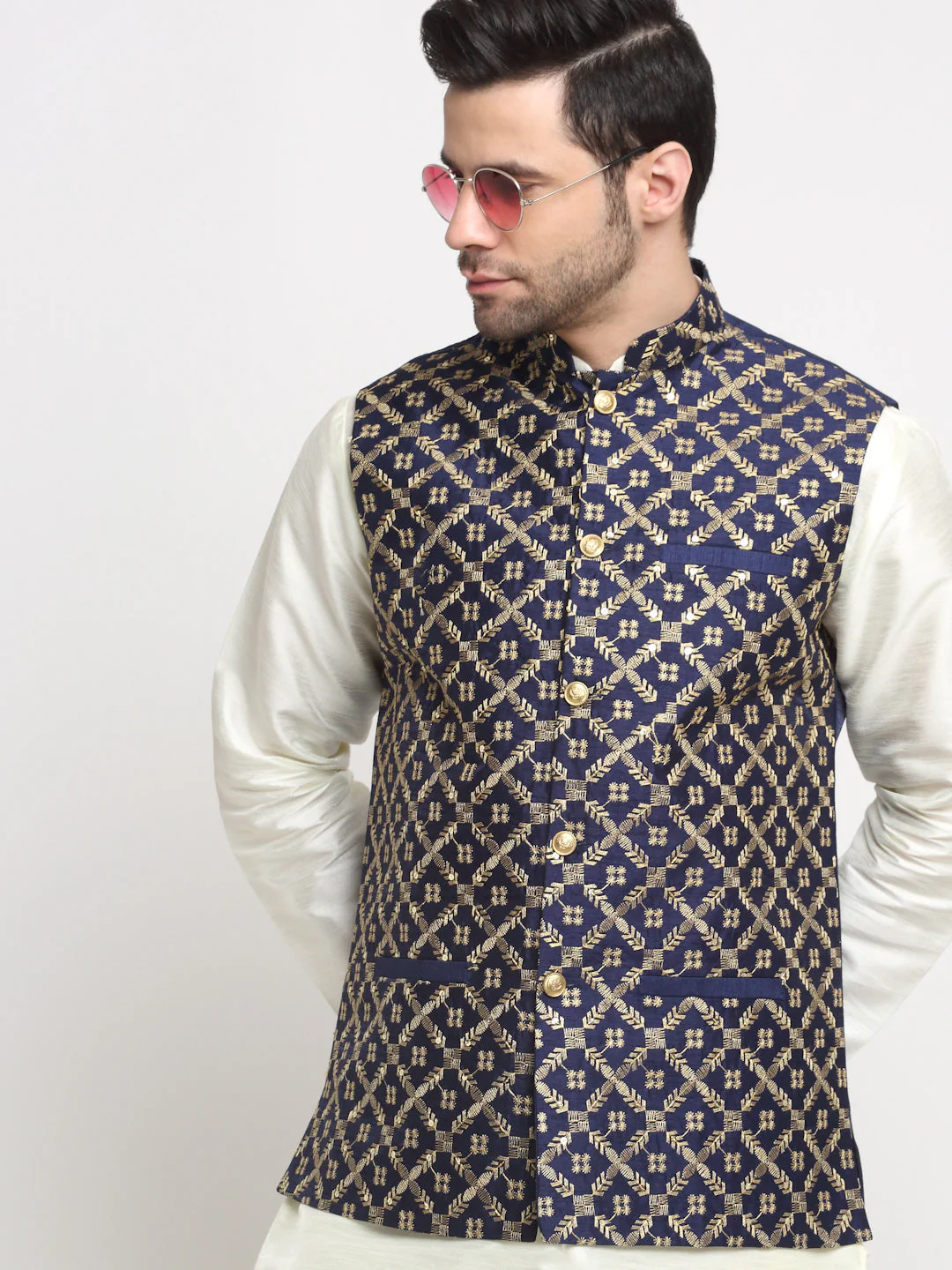 Men's Silk Cream Kurta Churidar With Embroidered Nehru Jacket Set - Image 33