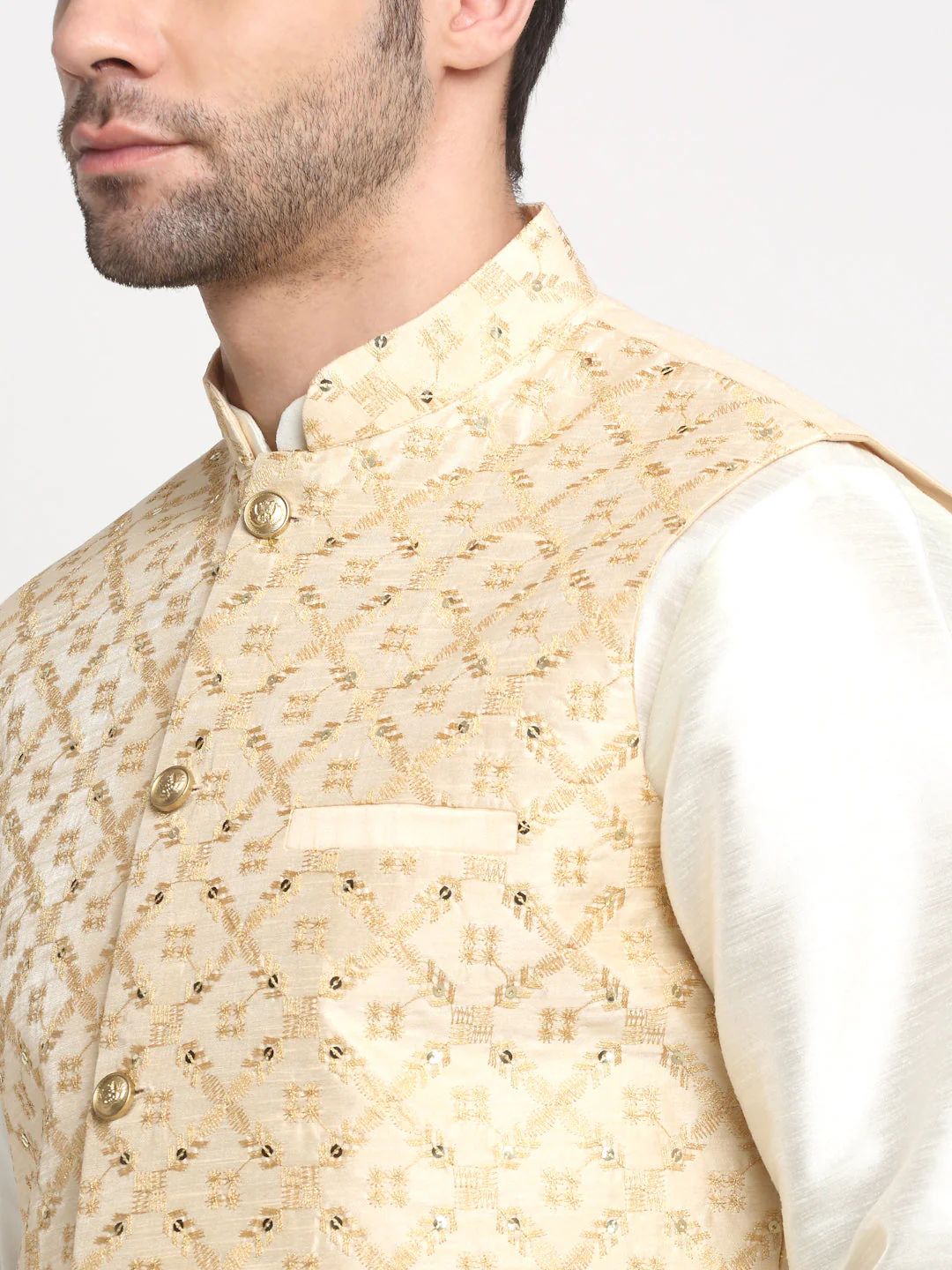 Men's Silk Cream Kurta Churidar With Embroidered Nehru Jacket Set - Image 4