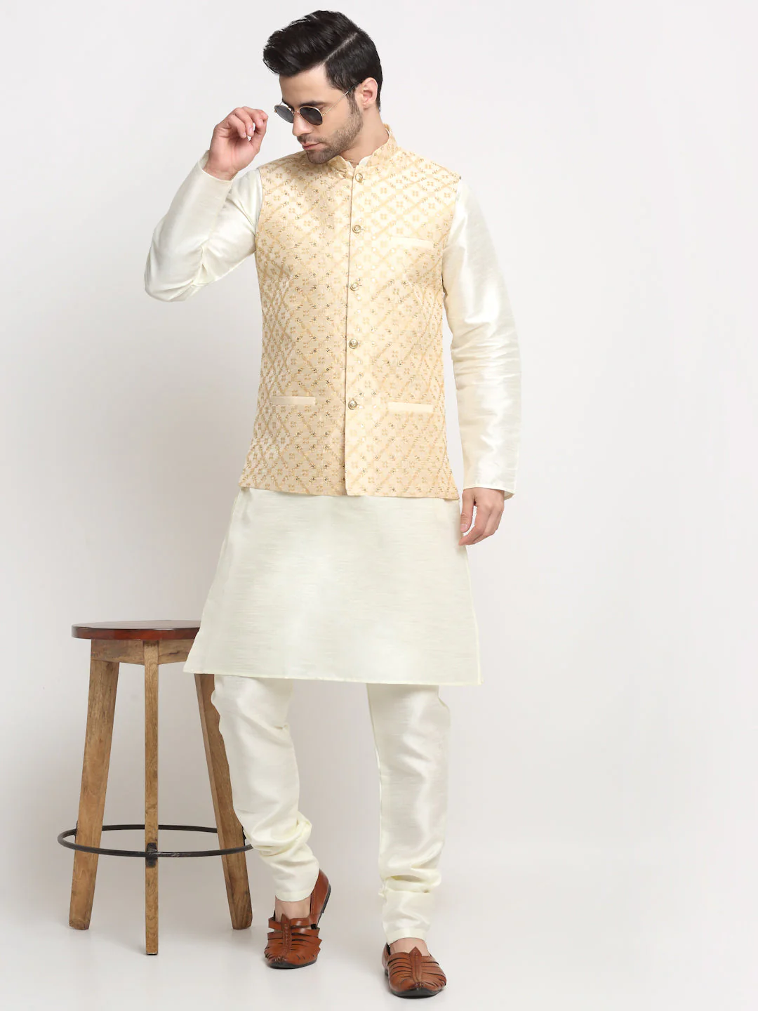 Men's Silk Cream Kurta Churidar With Embroidered Nehru Jacket Set - Image 5