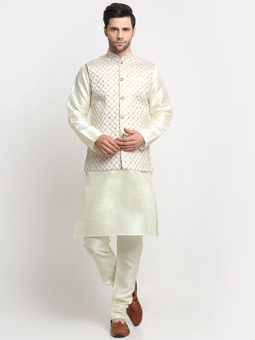 Men's Silk Cream Kurta Churidar With Embroidered Nehru Jacket Set - Image 60