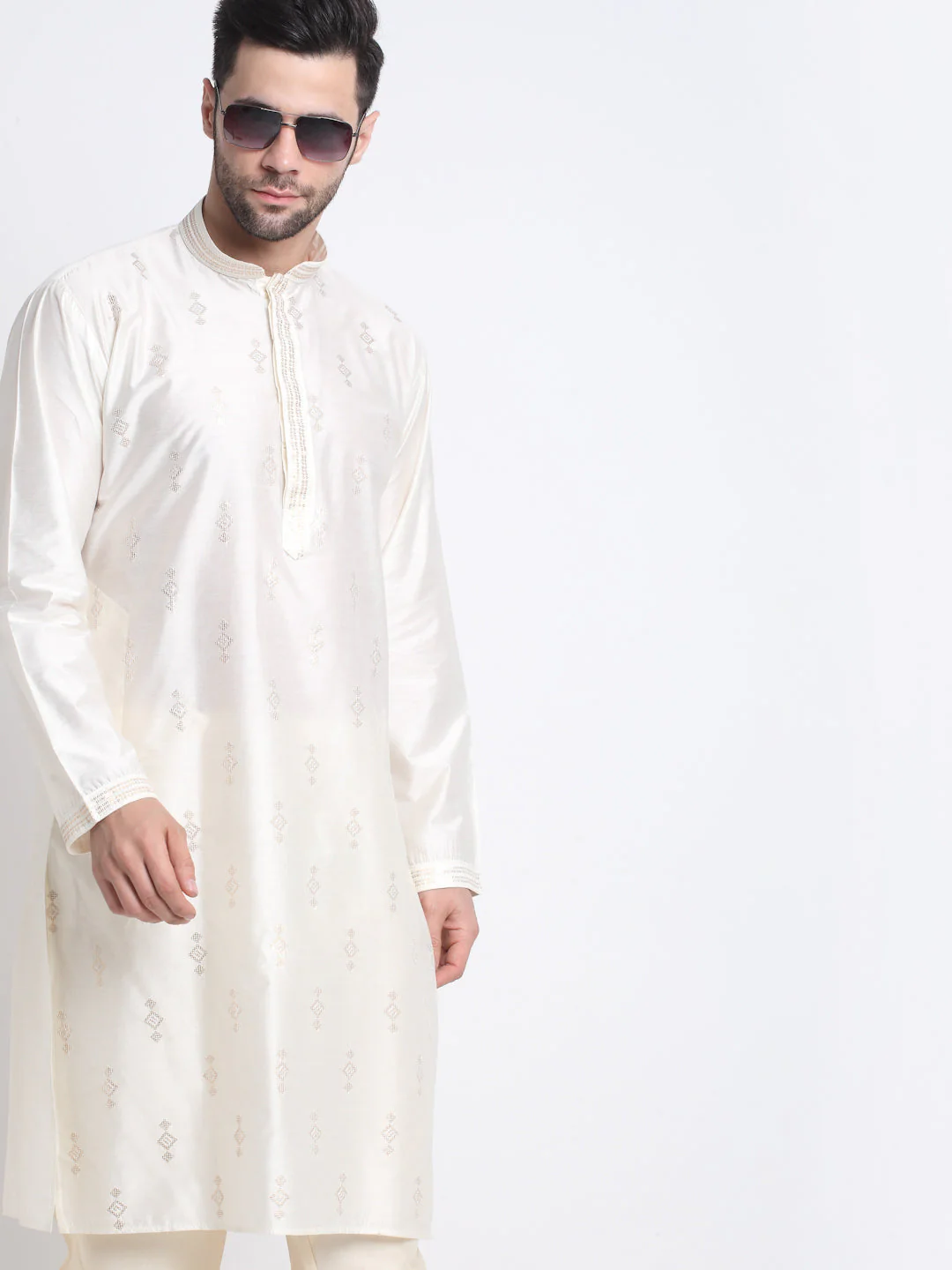 Men's Silk Embroidered Sequence Kurta and Churidar Set - Image 5