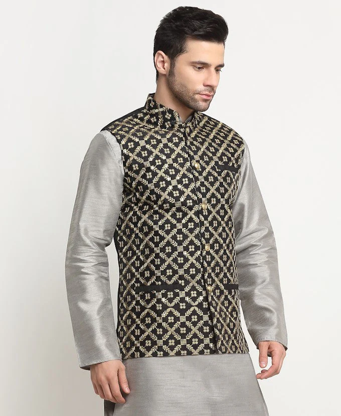 Men's Silk Embroidered Zari Nehru Jacket Only - Image 10
