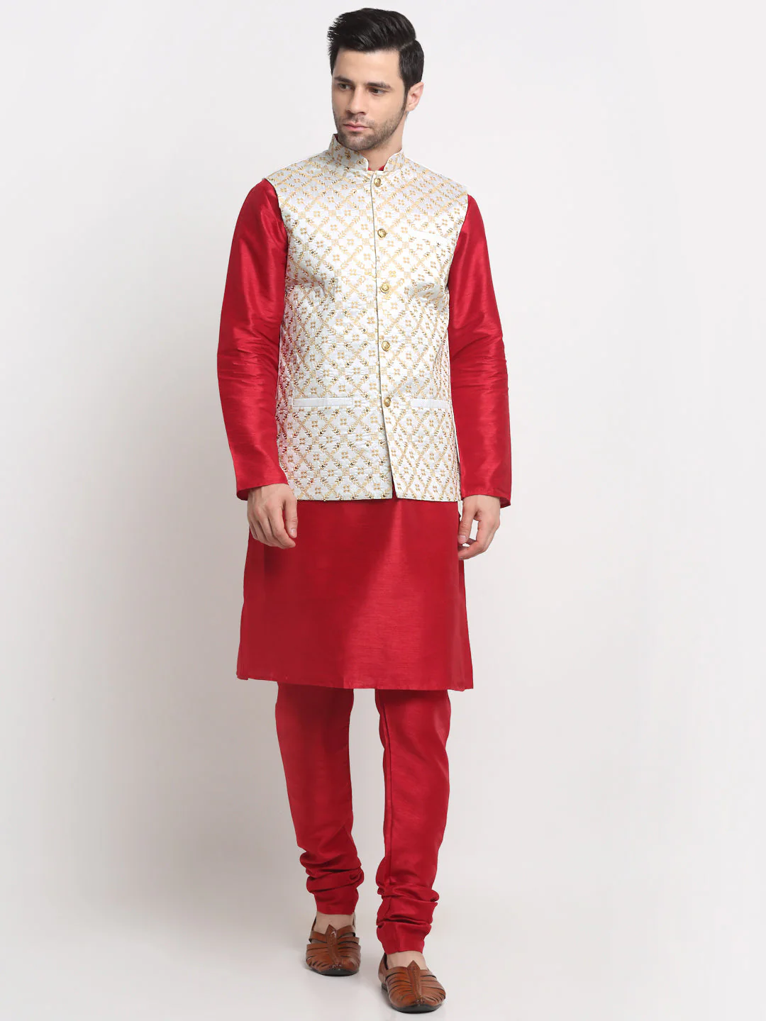 Men's Silk Maroon Kurta Churidar With Embroidered Nehru Jacket Set - Image 10