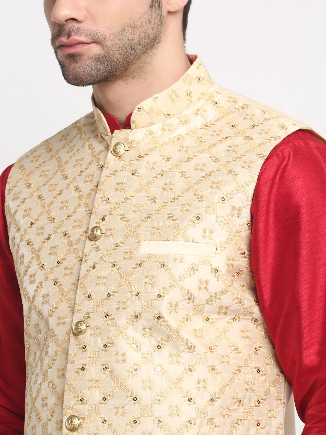 Men's Silk Maroon Kurta Churidar With Embroidered Nehru Jacket Set - Image 22