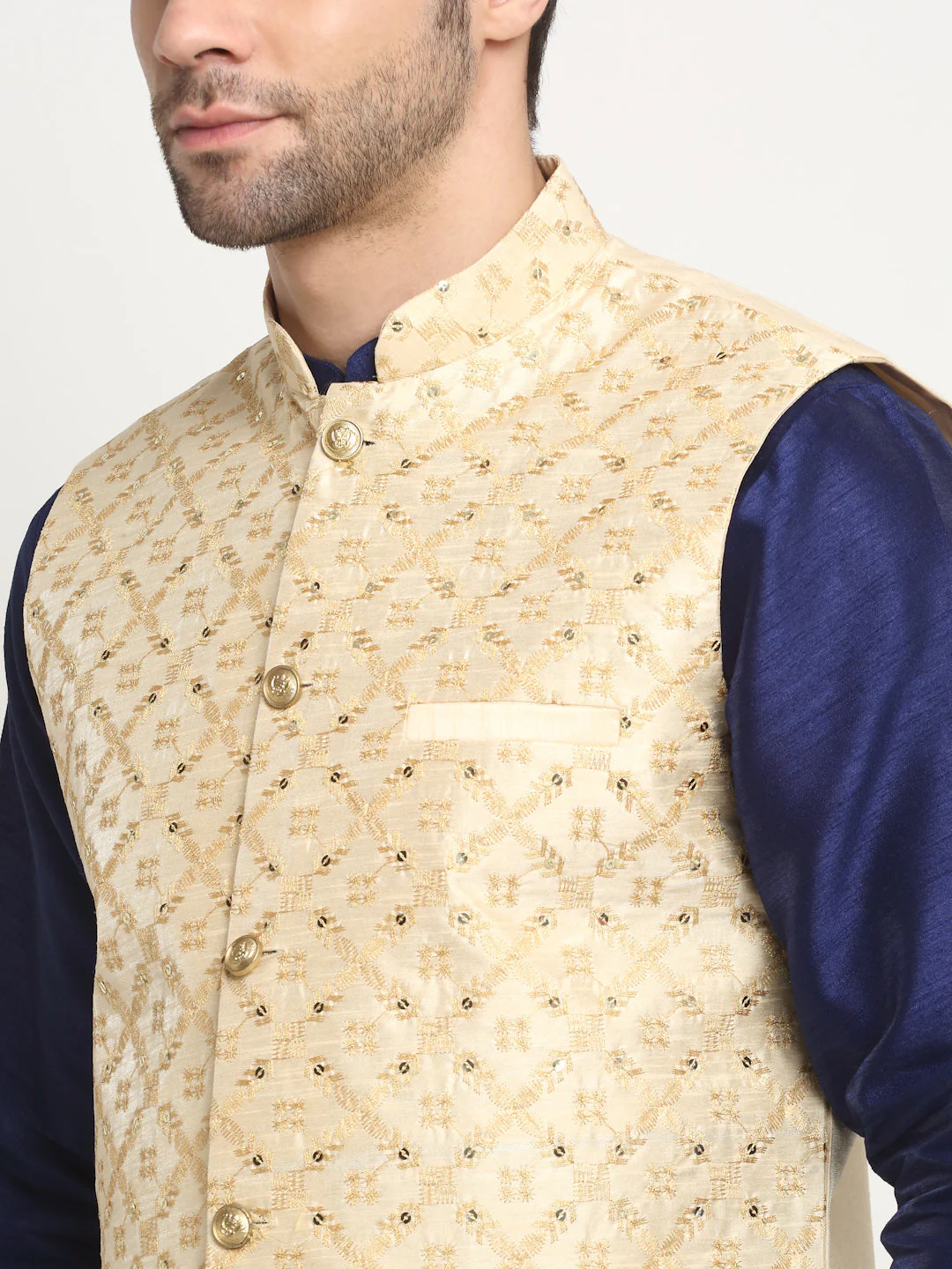 Men's Silk Navy Blue Kurta Churidar With Embroidered Nehru Jacket Set - Image 22