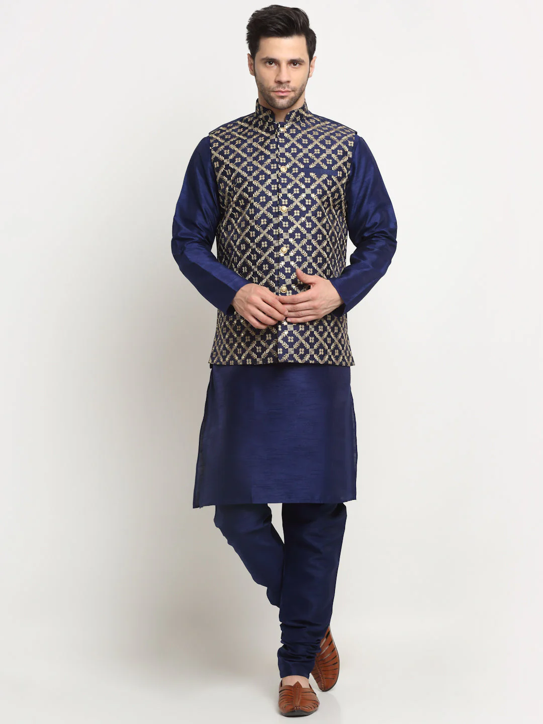 Men's Silk Navy Blue Kurta Churidar With Embroidered Nehru Jacket Set - Image 61