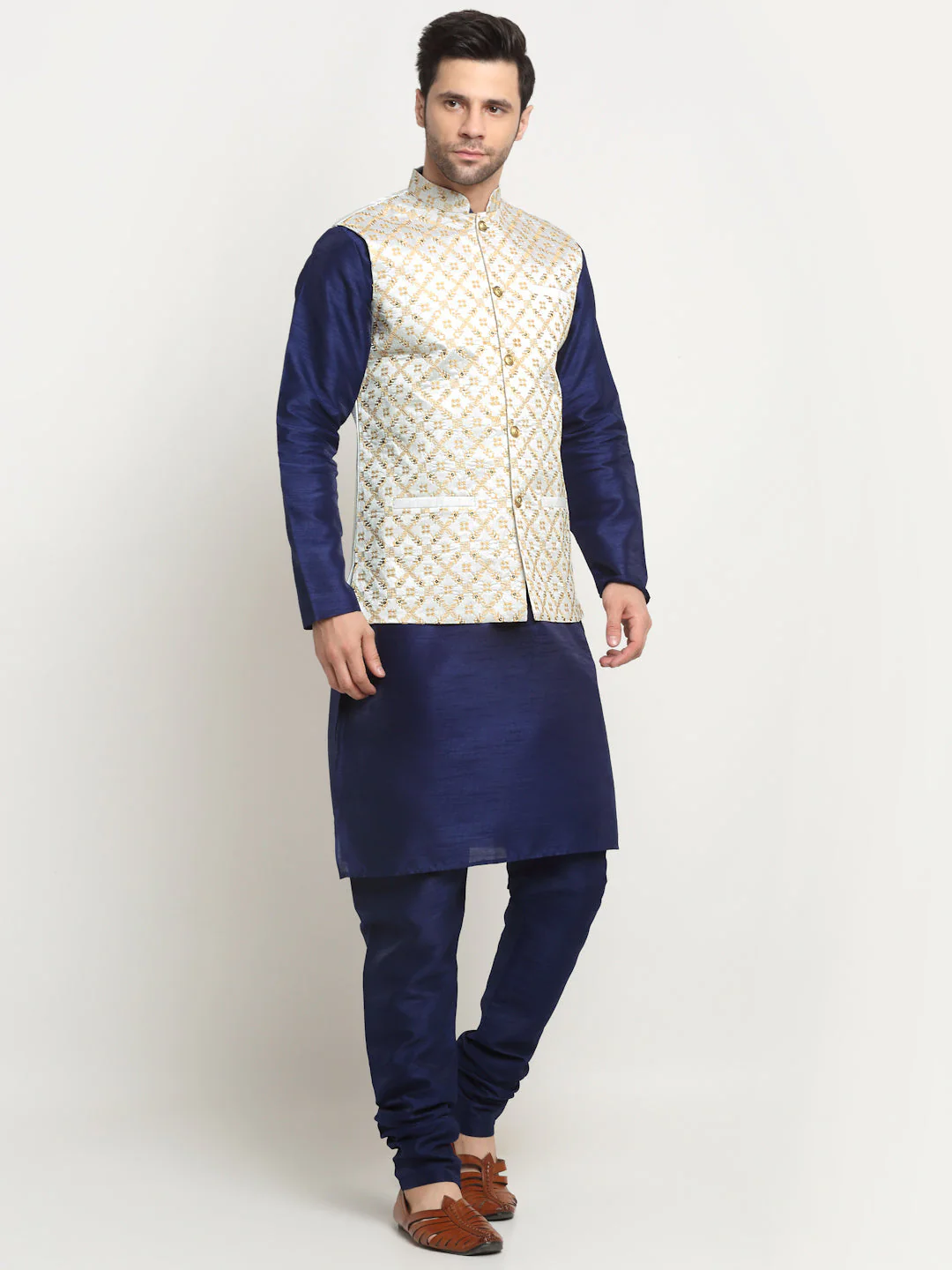 Men's Silk Navy Blue Kurta Churidar With Embroidered Nehru Jacket Set - Image 76