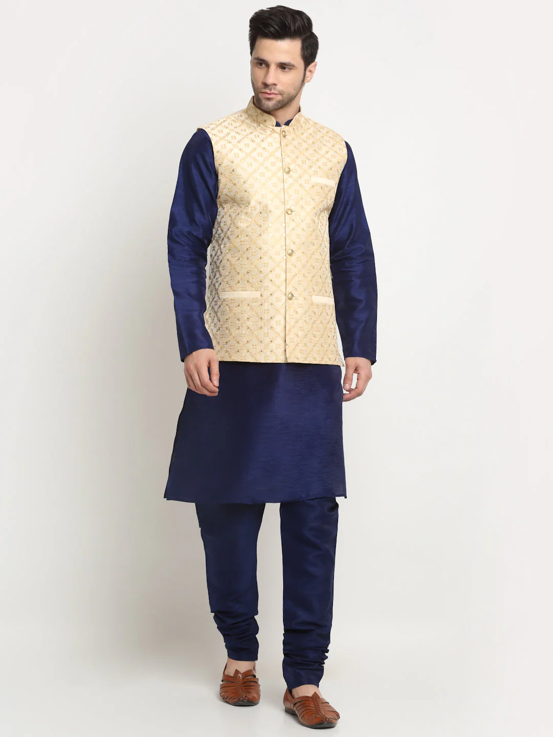 Men's Silk Navy Blue Kurta Churidar With Embroidered Nehru Jacket Set - Image 82