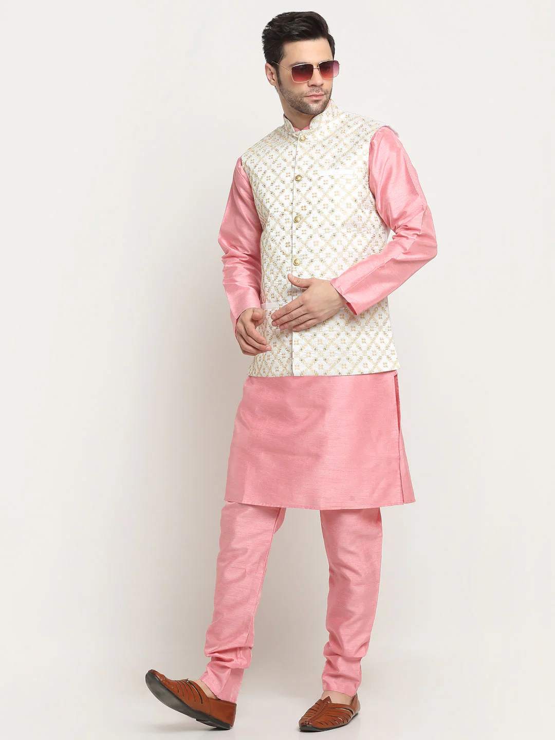 Men's Silk Pink Kurta Churidar With Cream Embroidered Nehru Jacket Set - Image 5