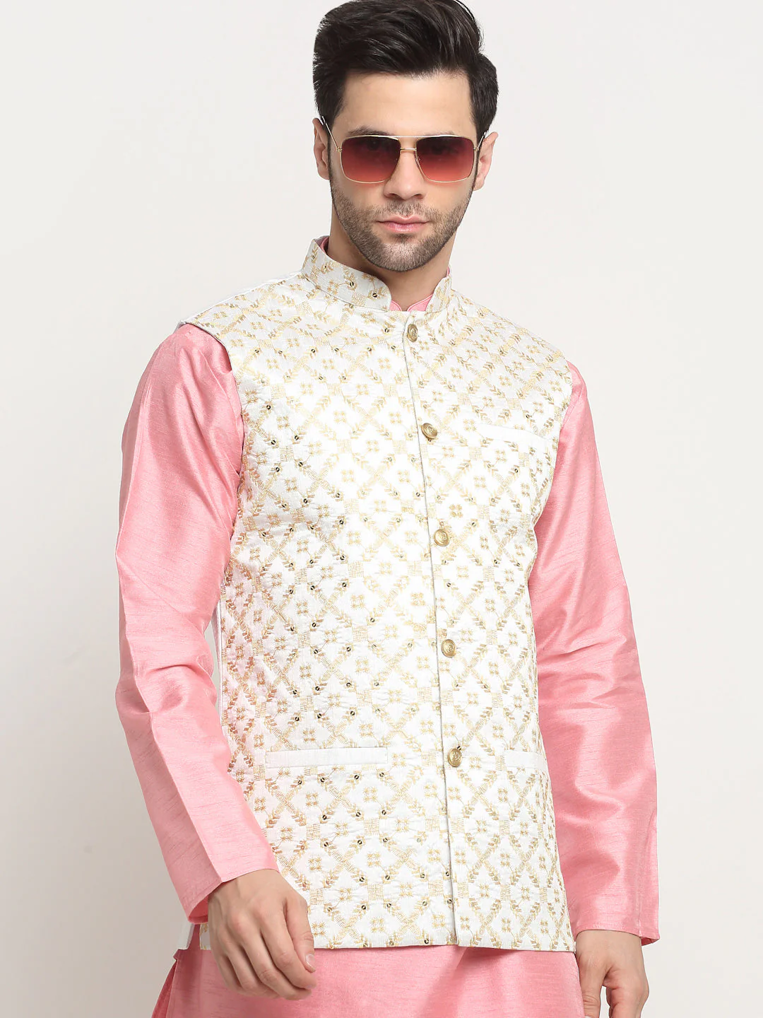 Men's Silk Pink Kurta Churidar With Cream Embroidered Nehru Jacket Set - Image 6