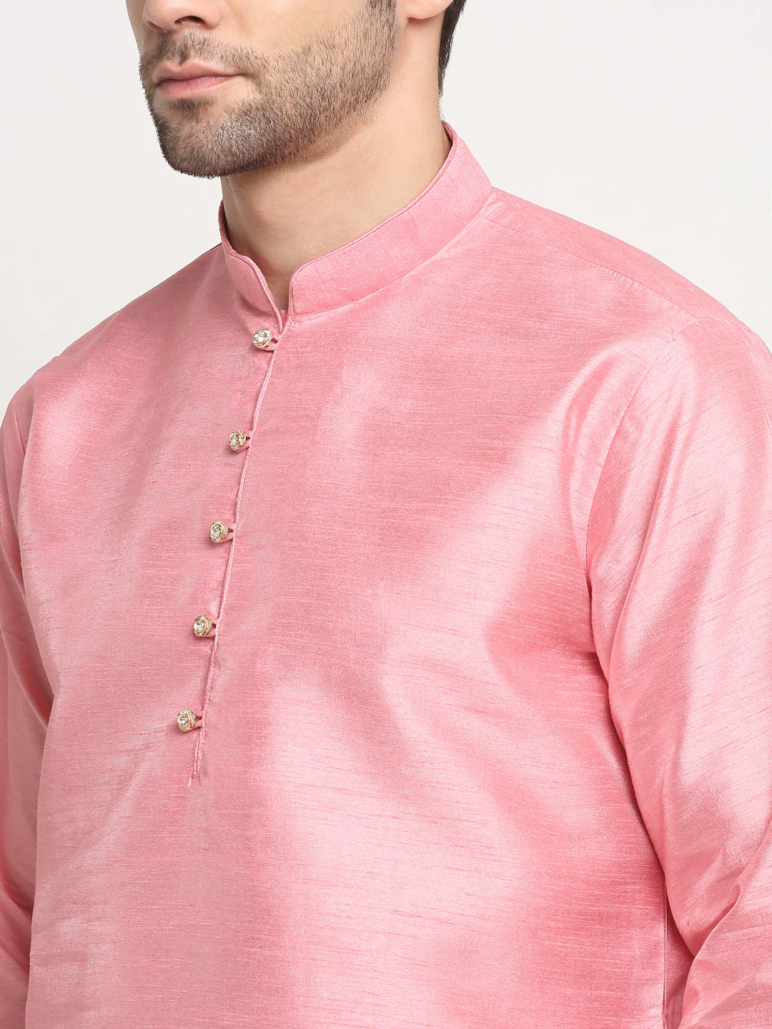 Men's Silk Pink Kurta Churidar With Cream Embroidered Nehru Jacket Set - Image 8