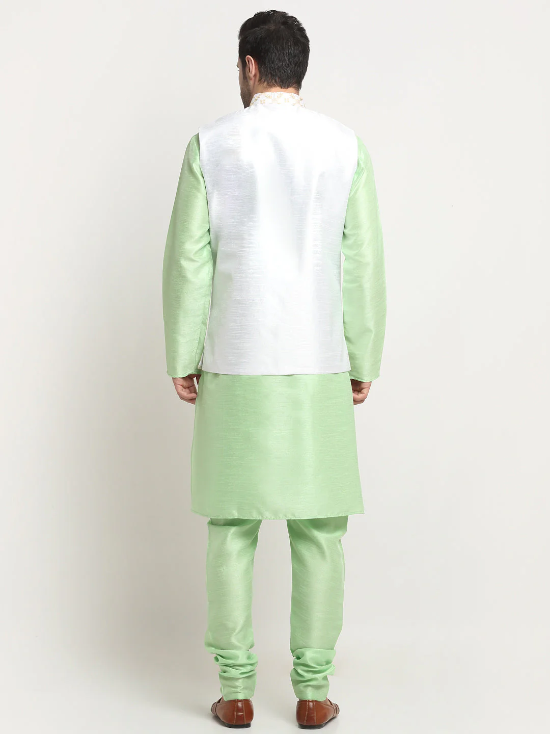 Men's Silk Sea Green Kurta Churidar With Embroidered Nehru Jacket Set - Image 2