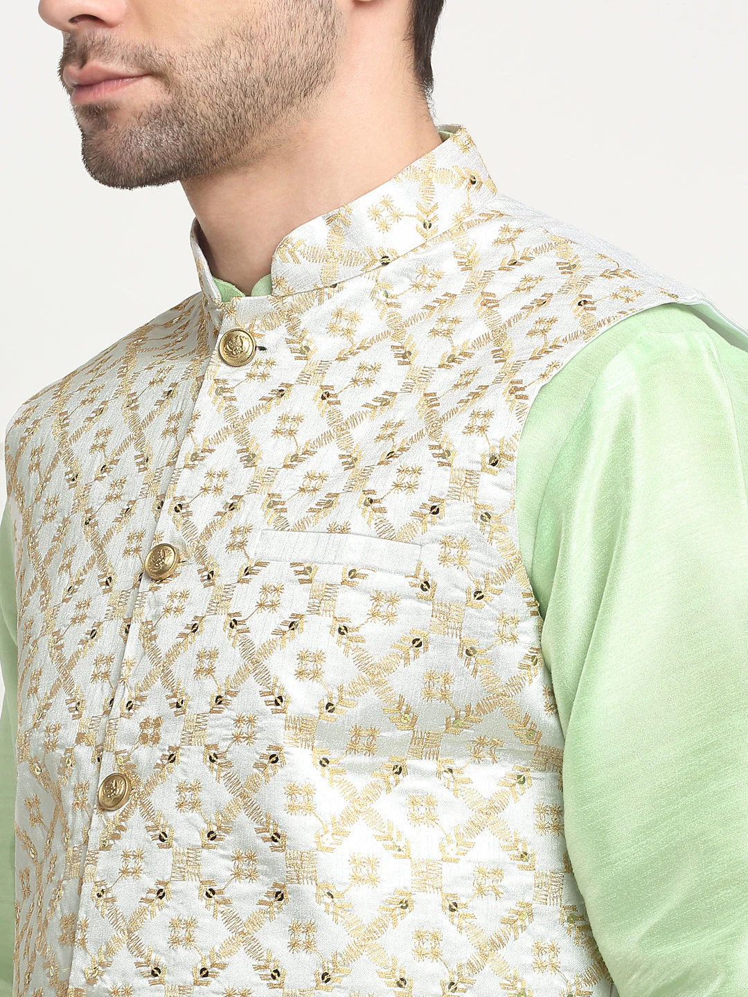 Men's Silk Sea Green Kurta Churidar With Embroidered Nehru Jacket Set - Image 4