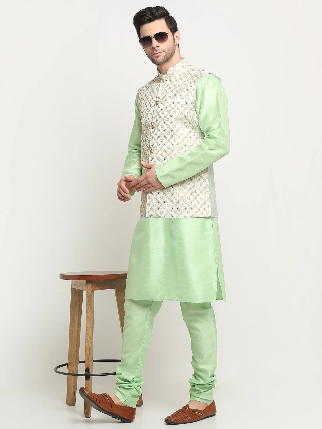 Men's Silk Sea Green Kurta Churidar With Embroidered Nehru Jacket Set - Image 6