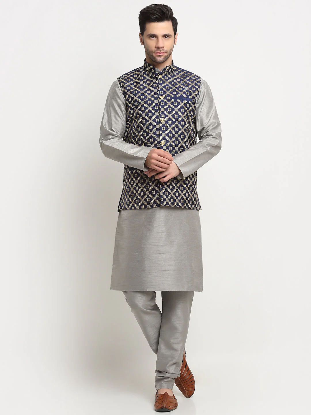 Men's Silk Silver Kurta Churidar With Embroidered Nehru Jacket Set - Image 28