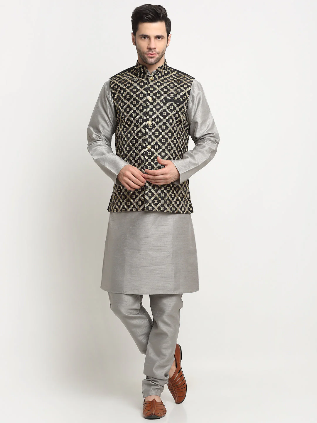 Men's Silk Silver Kurta Churidar With Embroidered Nehru Jacket Set - Image 42