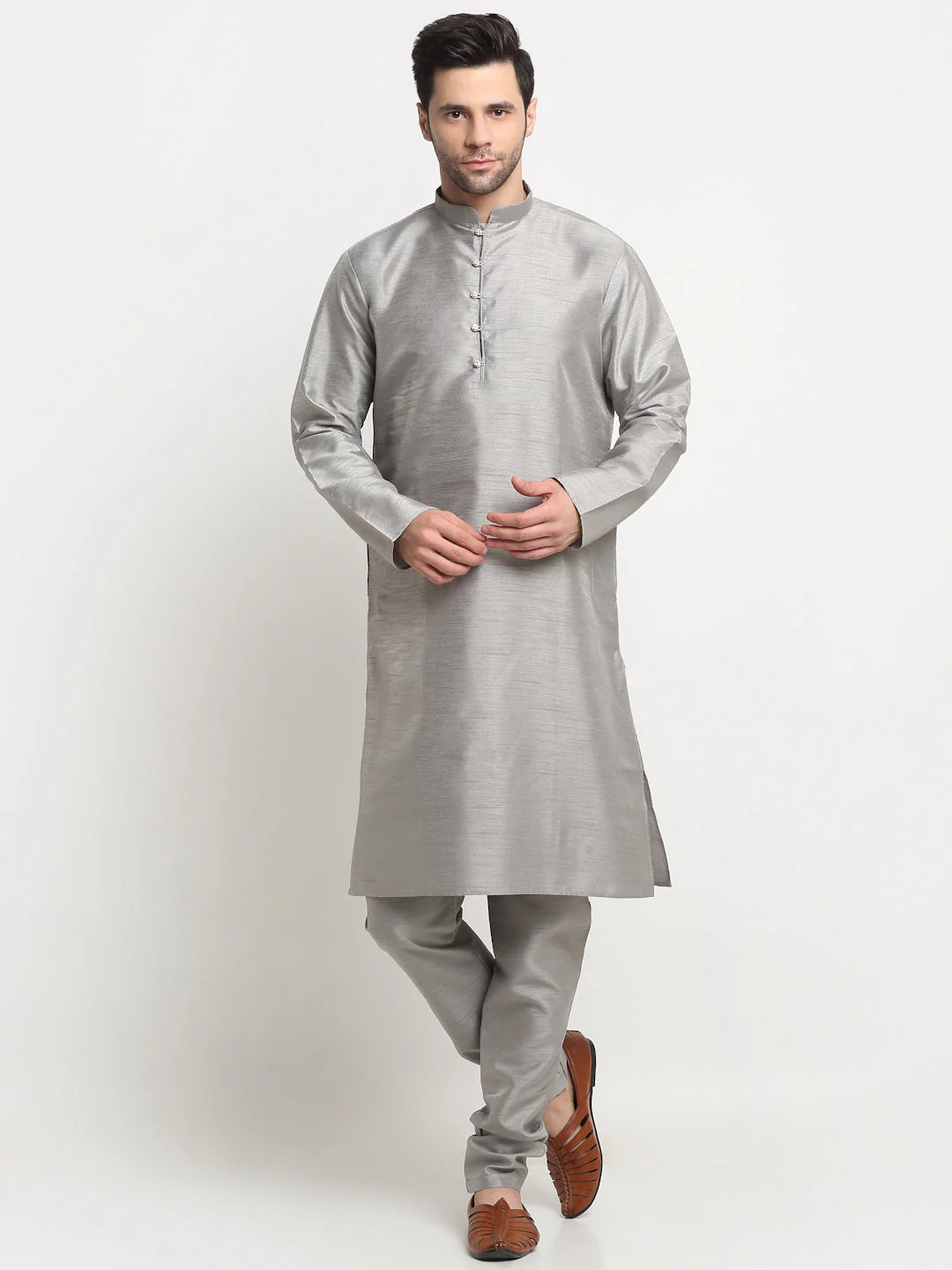 Men's Silk Silver Kurta Churidar With Embroidered Nehru Jacket Set - Image 7