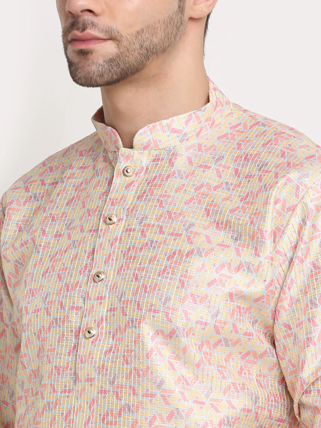 Men's Thread Work Sequence Kurta & White Churidar Set - Image 11