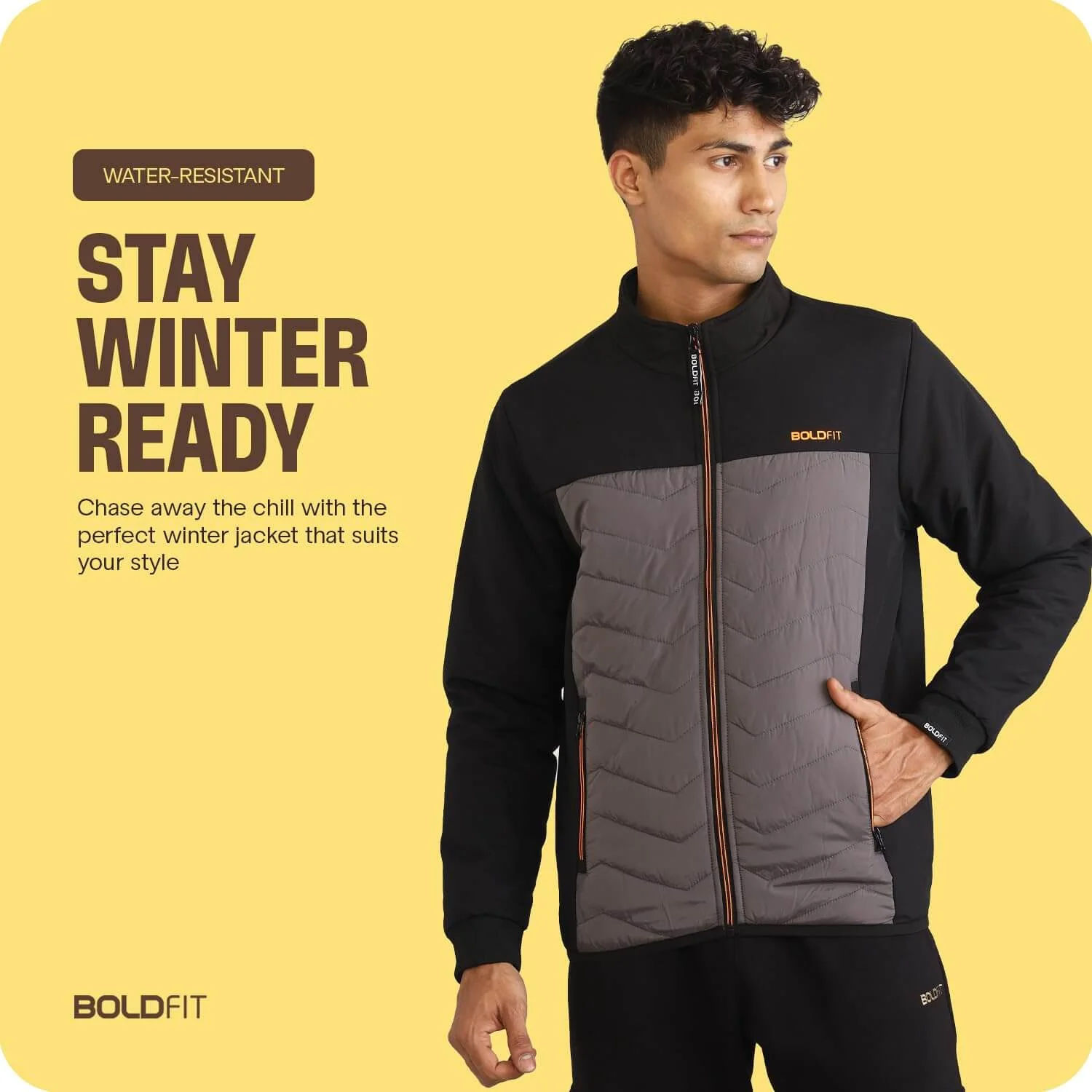 Mens Winter Bomber Jacket - Black/Grey without Cap - Image 4