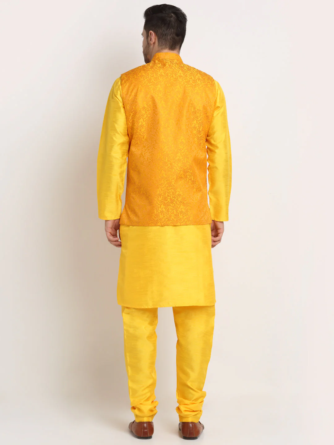 Mens Yellow Silk Blend Kurta and Churidar with Woven Yellow Nehru Jacket - Image 2