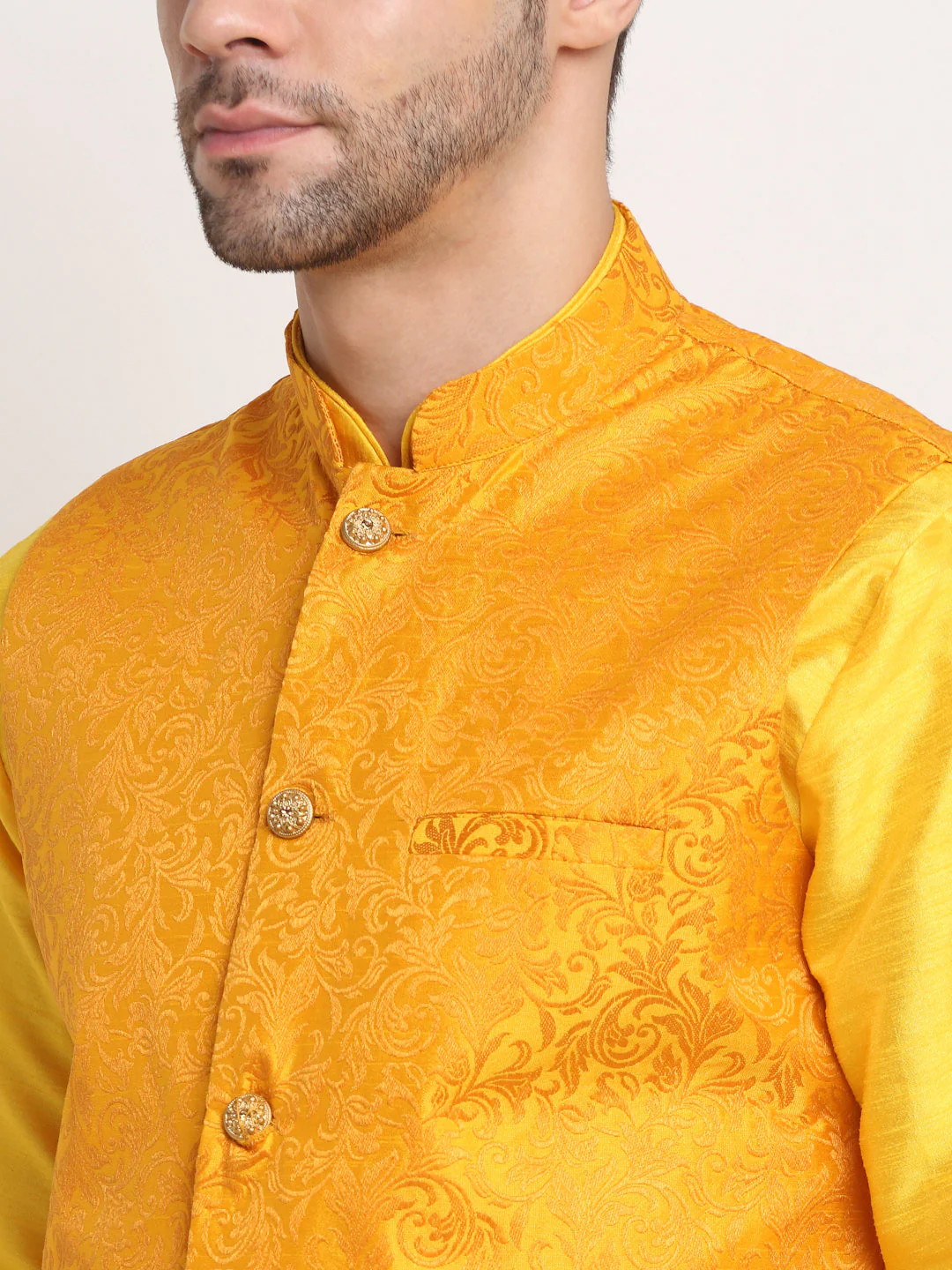 Mens Yellow Silk Blend Kurta and Churidar with Woven Yellow Nehru Jacket - Image 4