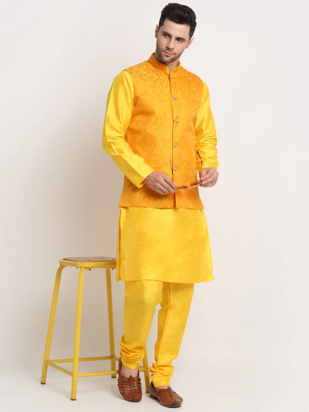 Mens Yellow Silk Blend Kurta and Churidar with Woven Yellow Nehru Jacket - Image 5