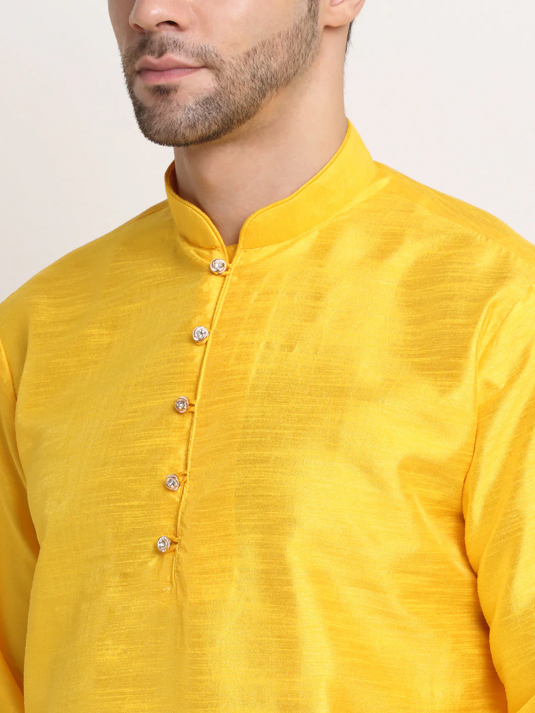 Mens Yellow Silk Blend Kurta and Churidar with Woven Yellow Nehru Jacket - Image 7