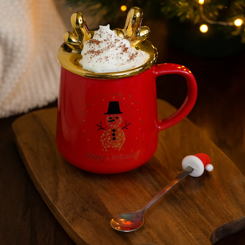 Merry Christmas Ceramic Mug with Golden Reindeer Lid & Santa Spoon – Festive Gift (400 ml) - Image 12